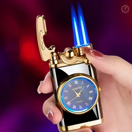 Wiatroodporny fajny świecący zegarek zapalniczka metalowa kolorowa lampa tarcza gazowa kolorowa zapalniczka Jet butan podwójna latarka zapalniczka prezent dla mężczyzny