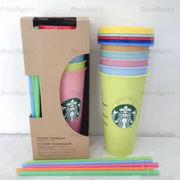 24OZ Farbwechselbecher aus Kunststoff, Trinksaftbecher mit Lippe und Strohhalm, magische Kaffeetassen, Costom Starbucks Farbwechsel 86TG