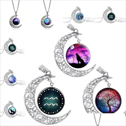 Anhänger Halsketten Glas Cabochon Halskette Baum des Lebens Galaxy Mond Horoskop Zeichen Wolf Fee Halsketten Anhänger Mode Schmuck Drop Dhqao