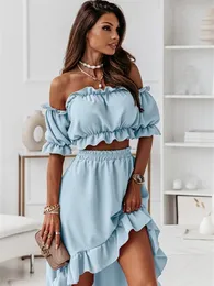 Zweiteiliges Kleid aus Schulter-Sets Frauen Sommerkleidung Sexy trägerlose kurze Puffärmel Crop Top Röcke Set Party Club Stücke Outfits 221123