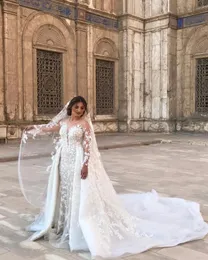 2023 Luxury Mermaid Wedding Dresses Arabic Illusion Jewel Neck Full Lace Appliques Crystal P￤rlor L￥nga ￤rmar ￶verskjorta plus storlek Custom Brudkl￤nningar