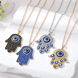 Enamel Turkey Evil Eye Fatima Hand Necklace For Women Hollow Blue Eye Hand Necklaces Jewelry