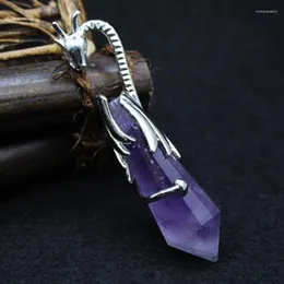 Pendant Necklaces Natural Gems Stone Pendants Silver Color Hexagonal Pointed Pink Purple Crystal Dragon Pendulum Reiki Healing Jewelry Women