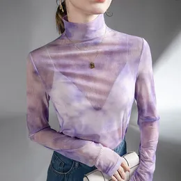 Kvinnors tshirt flickor semitransparent tryckt lila mesh tshirts tees kvinnliga turtleneck full ärm tshirt toppar för kvinnor 221124