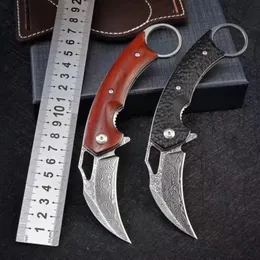 Wykute VG10 Damascus Claw Składany nóż cząstek cząstek Ebony drewniane drewno z skórzaną osłoną na zewnątrz polowanie na samokontroję kieszonkową kemping noża EDC
