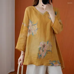 Etnisk kläder kinesiska stil kvinnor retro qipao topps 2022 sommarlinne vintage blommigt tryck tee skjortor hanfu t-shirt kk4106