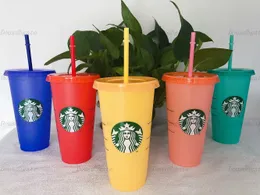 24 uncji Zmiana kolorów Tubllerzy Plastikowe sok do picia kubka z wargą i słomką Magic Coffee Mub Costom Starbucks Zmiana KO9B