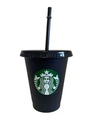 Starbucks 16oz/473ml أكواب بلاستيكية من البلاستيك قابلة لإعادة الاستخدام الأسود شرب الخمر المسطح أسفل عمود القش كؤوس بارديان 10pcs x6tq