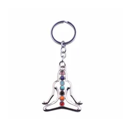 Nyckelringar 7 Chakra Yoga Stone Keychain Mticolor Natural Bead Healing Crystal Men and Women Reiki Spirit Drop Delivery Jewelry Dhuet