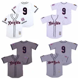 Masculino 1993 Moive Knights Baseball 9 Roy Hobbs Jersey Branco Cinza Equipe Cor Bordado e Costura HipHop Cool Base Cooperstown Respirável para Fãs de Esporte