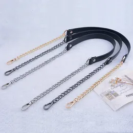 Väska delar Tillbehör DIY 50CM160CM Ersättande axel Crossbody Strap Black PU Läderhandtag med 9mm Gold Silver Gun Metal Chains 221124