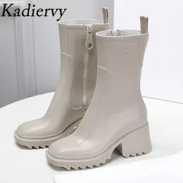 Rain Boots Chunky Heel Women Shoes Square Toe PVC Waterproof Short High Woman 221124