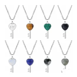 Pendant Necklaces Natural Gemstone Heart Key Pendant Necklace For Women Men Birthstone Healing Chakra Crystal Quartz Jewelry 45Cm Si Dhcjo