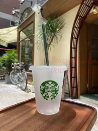 Starbucks 16oz/473ml Plastic Tumbler Reusable Clear Drinking Flat Bottom Cup Pillar Shape Lid Straw Mug Bardian 5pcs shipp DWN6