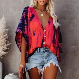 Kvinnors blusar skjortor sommar mode kvinnor blus vintage tiedye tryck halva ärm kvinnliga skjortor sexiga djupa vneck loose beach blus 221124