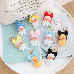 1pc lalafanfan cute duck keychain kawaii cafe mimi yellow duck action figure keychain chain kead toys for ldren gifts j220729