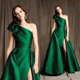 Dark Green Zuhair Murad Prom Dresses One Shoulder Neckline Side Split Evening Gowns Overskirt Pleated Satin Special Occasion Formal Wear wly935