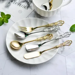 Servis uppsättningar juego de cubiertos cutlery set frukt och dessert gaffel skopa rostfritt stål guldpläterad silverkaka