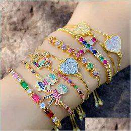 Charm Bracelets 18K Gold Rainbow Zircon Diamond Bracelet Pl String Adjustable Crown Heart Cross Charm Bracelets Women Fashion Jewelr Dhzmh