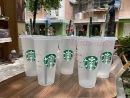 22SS Starbucks 24oz/710ml Plastik Tumbler Yeniden Kullanılabilir Açık İçme Düz Alt Bardak Sütun Şekli Kapak Saman Kupa Bardian Rubt