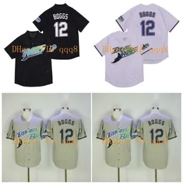 Бейсбол в колледже 1999 года Tampa Bay Devil Jersey #12 Wade Boggs Vintage Baseball Jerseys Пуловые сетка BP Черно -белый серый трикотаж высший качество 1