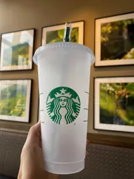 Starbucks 16oz/473ml البلاستيك Tumbler قابلة لإعادة الاستخدام الشرب الشرب المسطح السفلي كوب شكل غطاء القش القدح Bardian 5pcs القدح 4RRE