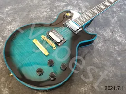 Lvybest Maßgeschneiderte E-Gitarre, Blue Flame Top, Black Edge Burst Gold Parts und Zebra Pickups, kein Schlagbrett