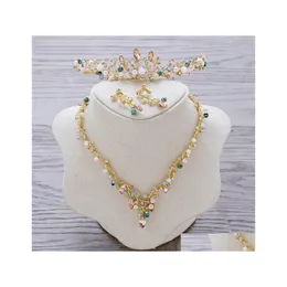 Zestawy biżuterii ślubnej vintage barokowe tiary ślubne Zestawy złoty kolorf kryształy księżniczki oszałamiające kolczyki ślubne 2 p dhgarden dhnab