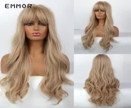 Emmor Long Ash Blonde Wave Natural Wavs Synthetic Hair Wigs con flequillo de alta temperatura esponjosa Cosplay Daily Wig para mujeres8414796