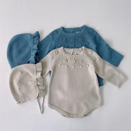 Ins Baby Kids Clothing Knittedステレオフラワーロンパーoネック長袖hat 2色の暖かいロンパー