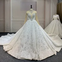 2023 Abito da sposa arabo saudita Pizzo 3D Fiore Abiti da sposa in cristallo Abiti da sposa su misura Collo a maniche lunghe Vestido de Novia