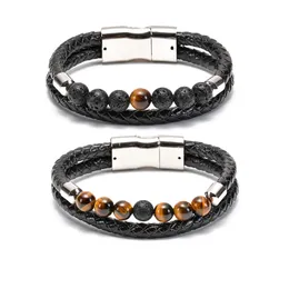 Fashion Energy Natural Lava Stones White Howlite Double-row Leather Rope Bracelet Men Stone Beaded Bracelet Yoga Bracelets