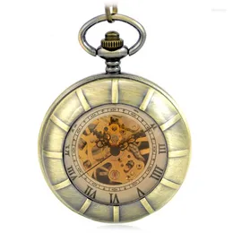 Pocket Watches Brown Modern Skeleton Mechanical Hand Wind FOB Watch Clamshell förstoring Kvinnors hänge full gåva