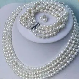 Piękna biżuteria 4Rows White 6-7 mm Pearl Necklace Branslete Sets Zestaw 17-19 ”