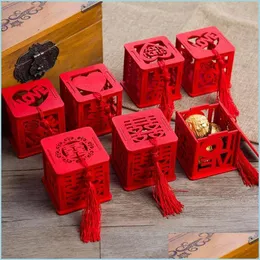 Gift Wrap Originality Sweet Sugar Box Chinese Style Ges Wooden Hollow Out Happy Character Love Wedding Gift Wrap Candy Boxes Party F Dhzy6