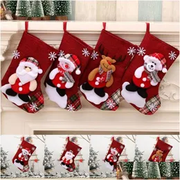 Decorações de Natal Decorações de Natal 1 pcs meias de meias com boneco de neve santa elk urso impressão de natal saco de presente para lareira dhqap