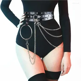 Paski Kobiety w stylu punkowym czarny łańcuch paska z dużym pierścieniem, regulowane skórzane łańcuchy brzucha Goth Body Akcesoria