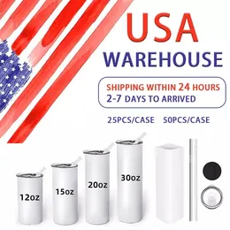 US stock 12/15/20/30 oz Sublimation Tumblers with Straws Lid Stainless Steel Double Wall Vacuum Insulated Cups Travel Mug Gift for Men and Women White P1125