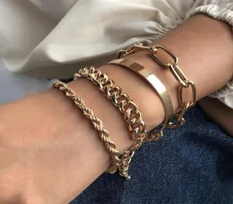Link Chain 4Pcs Punk Cuban Bracelets Set For Women Boho Thick Gold Color Charm Bangles Fashion Jewelry7065735