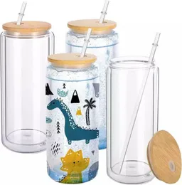 US Warehouse Water Bottles Double wall Sublimation 16oz Glass Tumbler Can Glasses with Bamboo Lid Reusable Straw Mugs ss1125