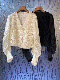 Women's Blouses 2022 Women Fashion Long-sleeved Sexy V-neck Wrinkled Dark Pattern Solid Color Decorative Versatile Shirt 908