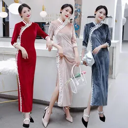 Etniska kläder Elegant Velor Slim Fork Ladies Qipao Dress Vintage Mandarin Collar Chinese Traditional Women Long Party Cheongsam 4xl
