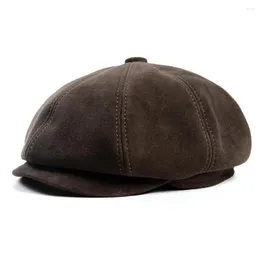 Berets Wildleder Achteckige Baskenmütze Mütze Männer Frauen Peaky Scheuklappen Winter Mode Casual Sboy Hut Echtes Leder Warme Kaffee Boina hombre