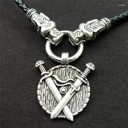Anhänger Halsketten Vintage Viking Doppel Schwert Halskette Choker Für Männer Mit Drachen Kopf PU Leder Kette Amulett Taliman Schmuck Geschenk