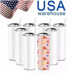 USA Warehouse Straight 20oz Sublimation Tumbler Mugs Blank 100％304ステンレス鋼タンブラーカップ真空断熱600mlコーヒーマグ25pcs/Box SS1125