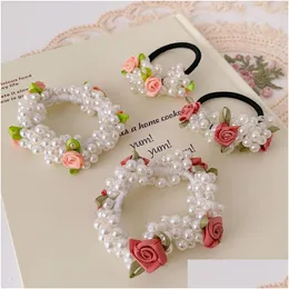 Hårgummiband Retro French Rose Pearl Hair Circle Super Fairy Girl Rope Hand Woven Headrope Japanese and Korean Ornament Dhgarden Dhcys