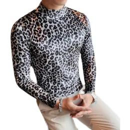 Camisetas para hombres leopardo terciopelo t shirt hombres manga larga casual slim fit camiseta vintage medio turtleneck bombre streetwear club topps tees ropa s-3xl