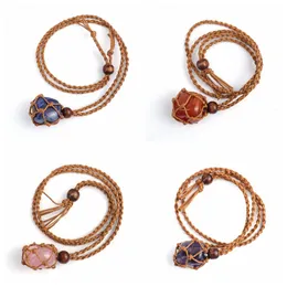Woven Natural Crystal Stone Net Bag Pocket Pendant Necklace Healing Reiki Hangings Quartz Craft Adjuatable Brown Weave Rope
