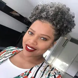 Salt and pepper silver grey kinky curly ponytail human hair extension short natural afro puff bun chignon women gray drawstring ex6799740