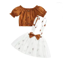 Clothing Sets Toddler Girl Outfits Set Ruffle Trim Short Sleeve Plain Off Shoulder Tops Bowknot Suspender Love-heart Printed Mesh Skirt